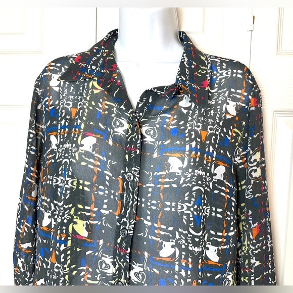 CAbi #129 Festival Blouse Shirt Top Semi Sheer Button Down Gray Geo Geometric - Picture 5 of 9